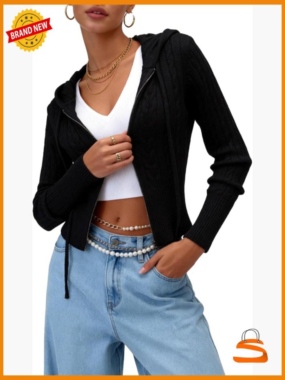 Cropped Cable Knit Zip Up Hoodie Cardigan Long Sleeve Y2k Jacket